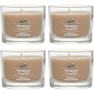 imageYankee Candle Signature Votive Mini Candle Jar Pumpkin Banana Scone Scent Natural Soy Wax Blend Candle with Natural Fiber Wick 13 OZ Glass Jar Pack of 12Amber  Sandalwood